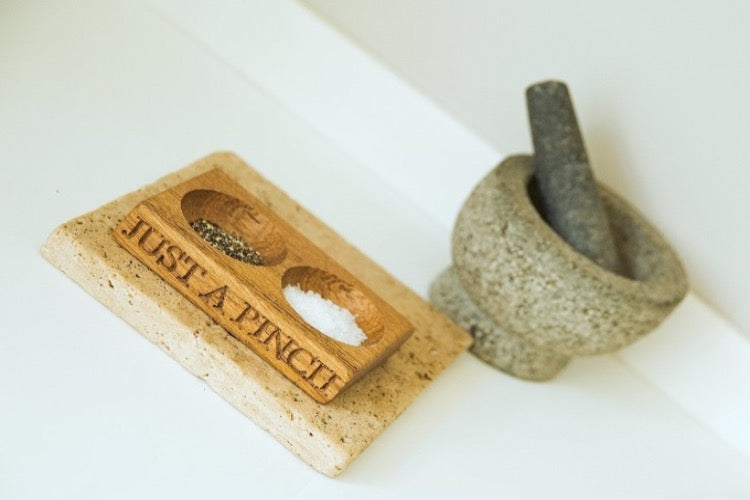 small oak pinch pot with salt and pepper