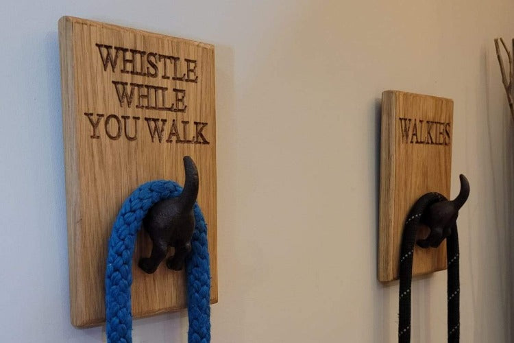 Oak Dog lead holders engraved with Whistle while you walk 