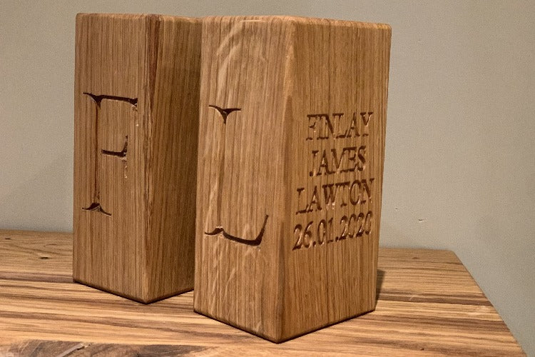 oak book ends engraved with childs name 